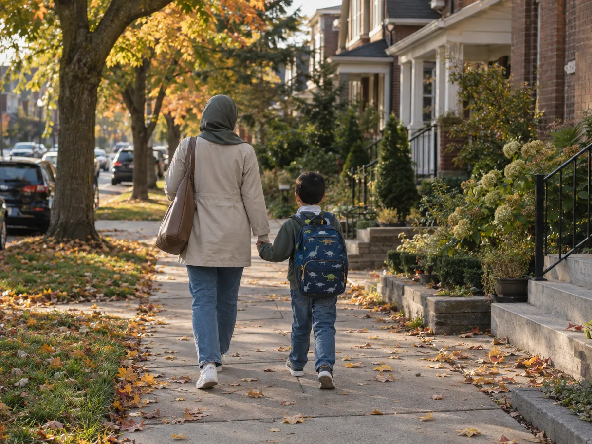 A Toronto residential street in the morning, a parent and child walking away hand in hand