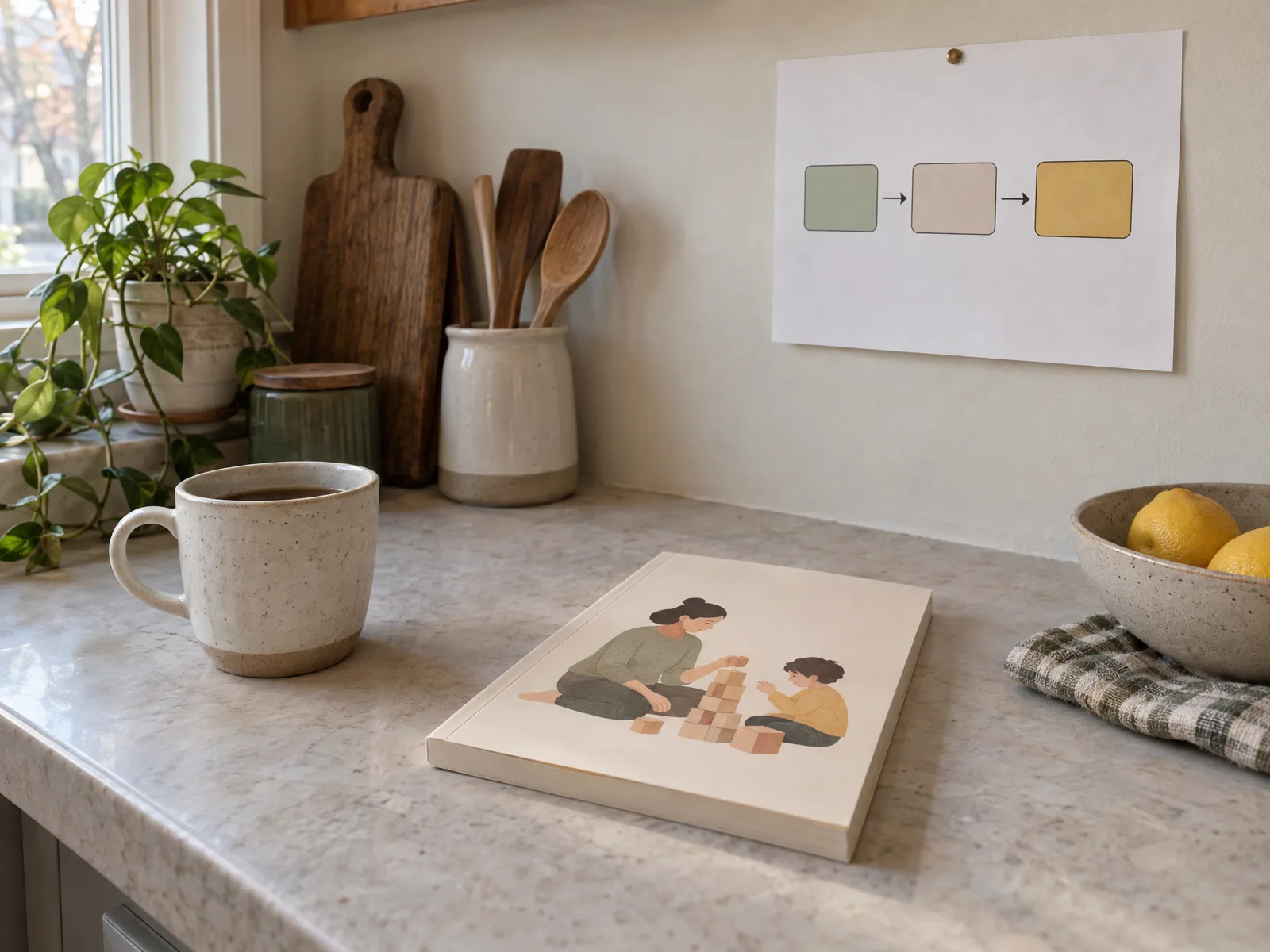 The printed guide on a kitchen counter and the Three Steps Decision Path chart pinned to the wall above it