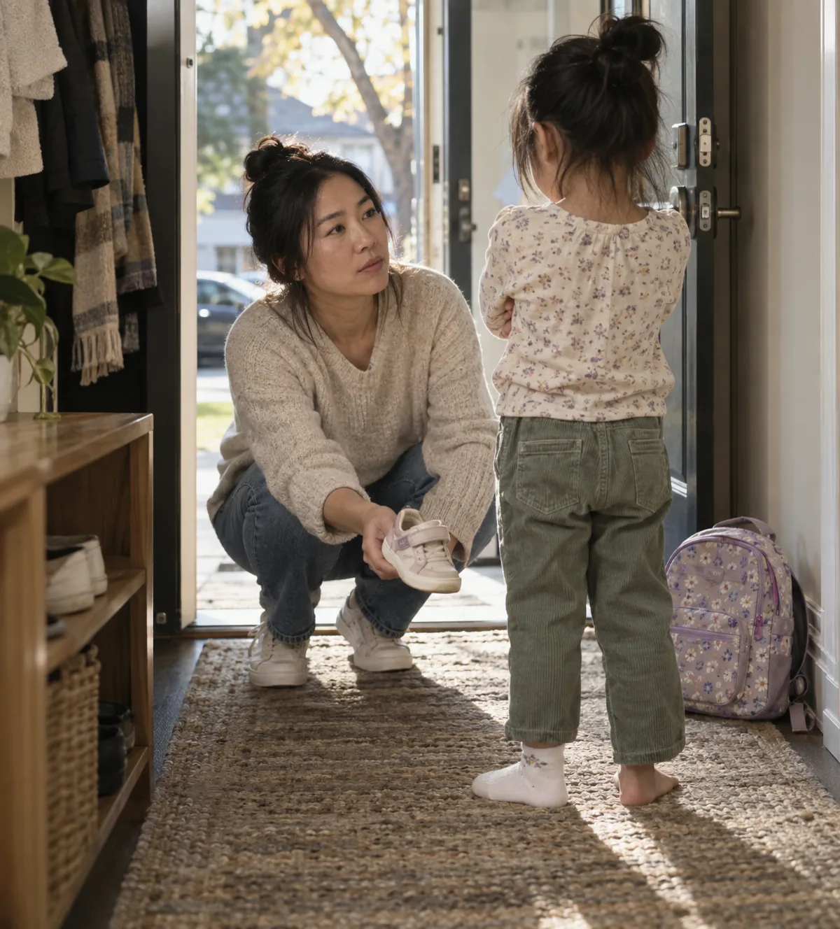 A hallway at 8:05: a parent crouched on the floor holding out one small shoe, the child seen from behind with arms folded and a backpack on the floor
