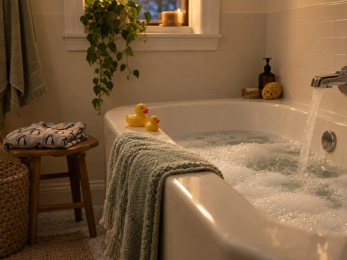 A bath running with two rubber ducks on the edge of the tub, pyjamas folded on a stool